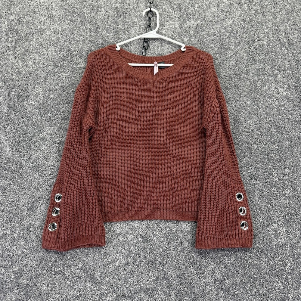 Love By Design Sweater Womens Small Brown Waffle Knit Bell Sleeve Studded Casual